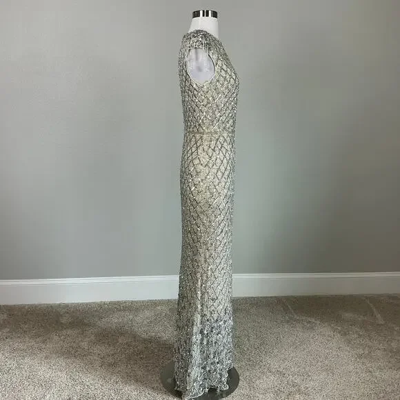 Mac Duggal Crystal Fringed Sequined Column Gown Silver and Gold Size 6 Dress - Picture 4 of 12